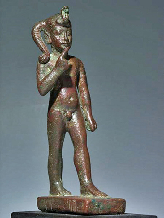 This bronze statuette is the young god Horus, often known as Harpokrates. The 5 1/4-inch figure has a $12,000-$15,000 estimate. Image courtesy of Artemis Gallery Live.com.